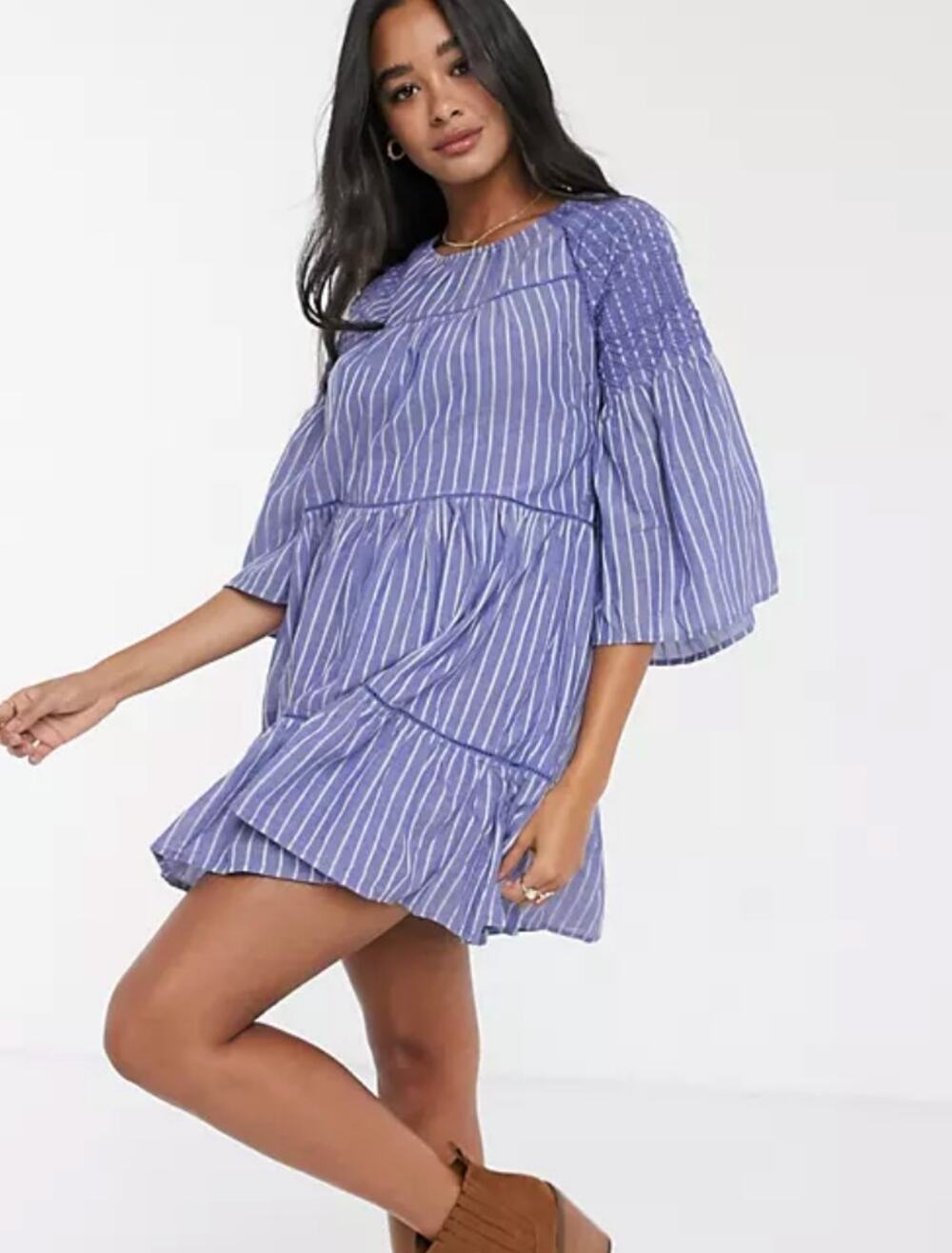Free People NWT Lola Embroidered Tiered Mini Dress Chambray Blue Babydoll XS